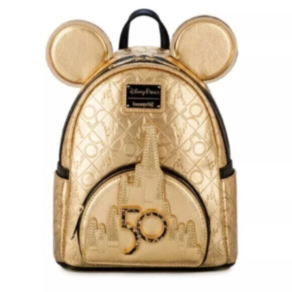Loungefly Disney World 50th Anniversary Genuine Leather Gold Mini Backpa… - Picture 1 of 15